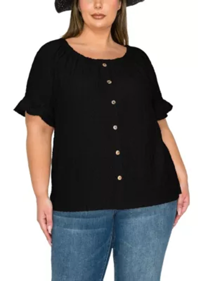 Eyelet Jersey Button Front Ruffle Sleeve Peasant