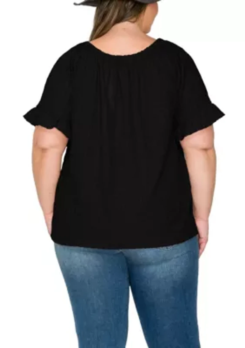 Eyelet Jersey Button Front Ruffle Sleeve Peasant