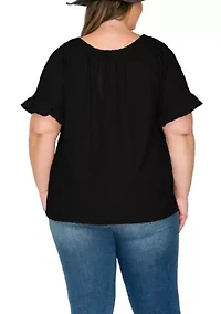 Eyelet Jersey Button Front Ruffle Sleeve Peasant