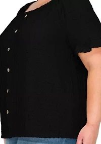 Eyelet Jersey Button Front Ruffle Sleeve Peasant