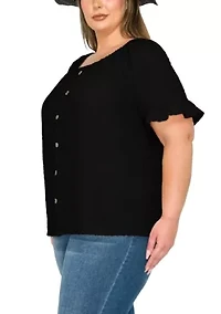 Eyelet Jersey Button Front Ruffle Sleeve Peasant
