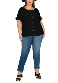 Eyelet Jersey Button Front Ruffle Sleeve Peasant