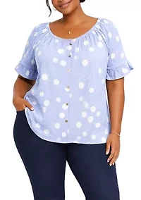 Polka Dot Crinkle Knit Button Front Ruffle Sleeve