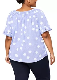 Polka Dot Crinkle Knit Button Front Ruffle Sleeve