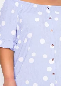 Polka Dot Crinkle Knit Button Front Ruffle Sleeve