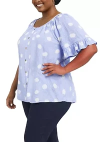 Polka Dot Crinkle Knit Button Front Ruffle Sleeve