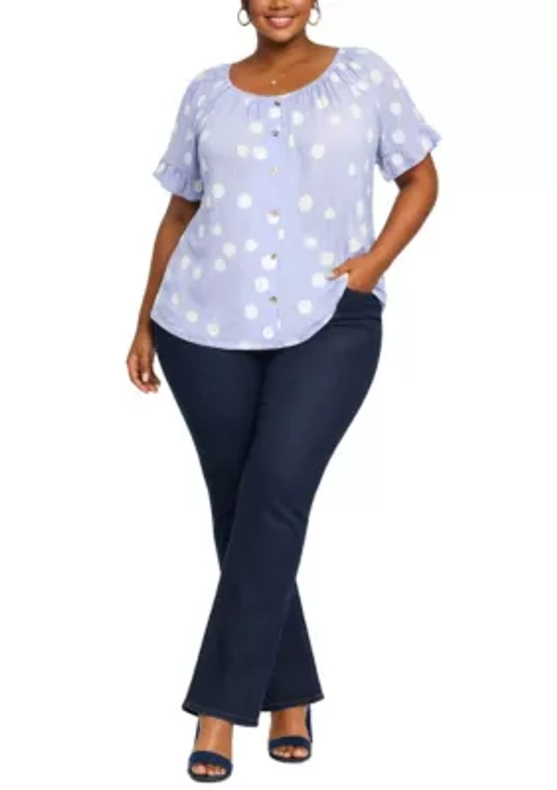 Polka Dot Crinkle Knit Button Front Ruffle Sleeve