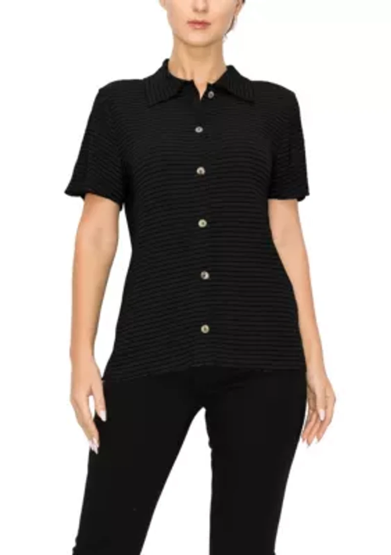 Smocked Jersey Short Sleeve Button Shirt