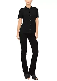Smocked Jersey Short Sleeve Button Shirt