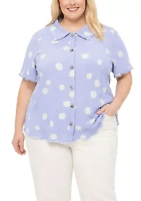 Polka Dot Crinkle Knit Short Sleeve Button Shirt