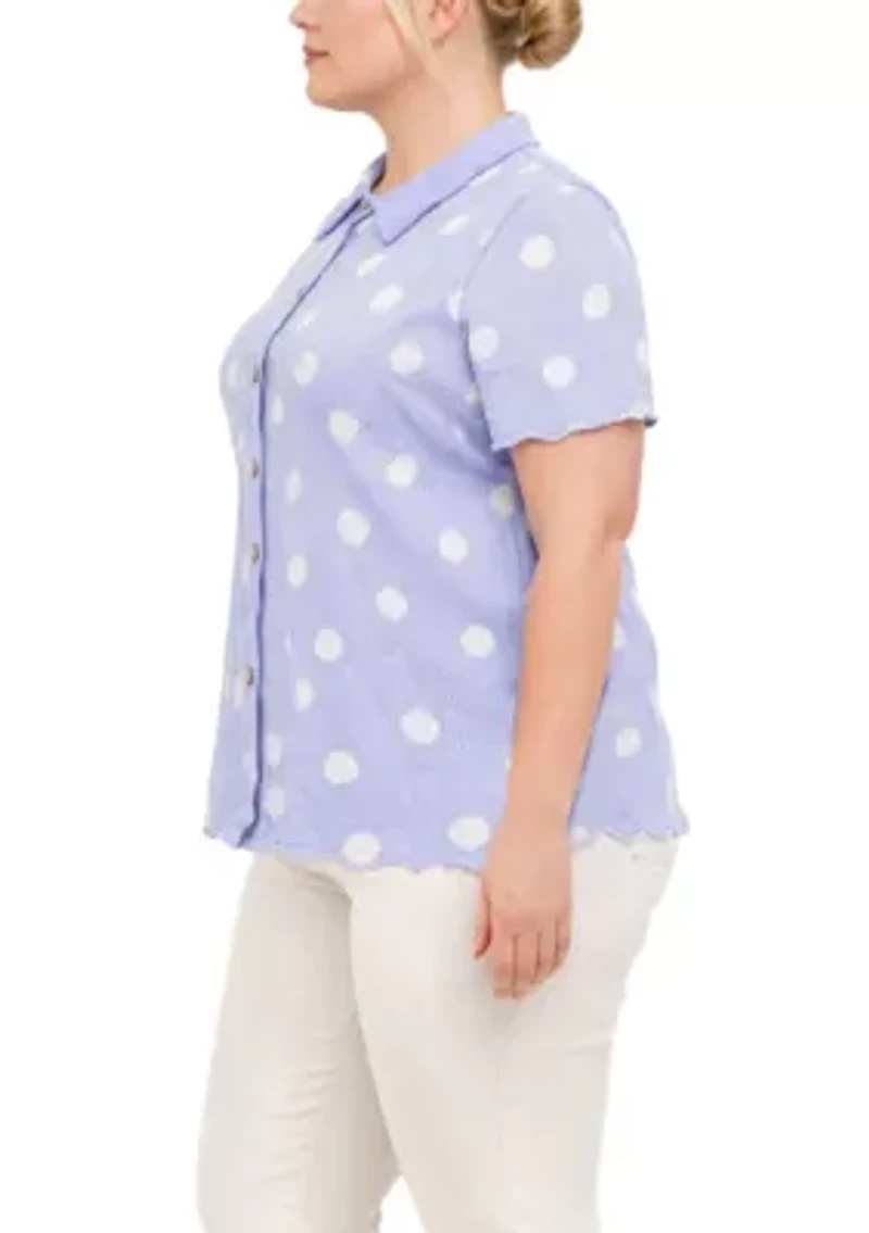 Polka Dot Crinkle Knit Short Sleeve Button Shirt