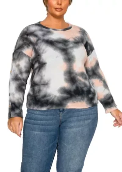 Brushed Tie Dye Waffle Crew Neck Button Sleeve