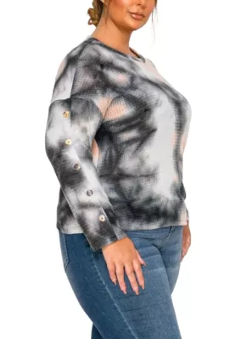 Brushed Tie Dye Waffle Crew Neck Button Sleeve