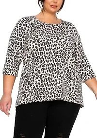 Animal Double Knit Textured Button Back 3Q Rolled Sleeve