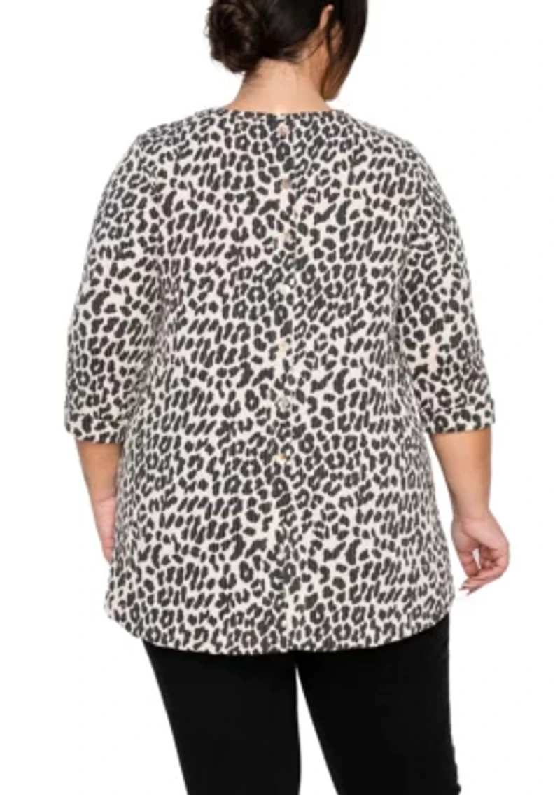 Animal Double Knit Textured Button Back 3Q Rolled Sleeve