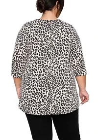 Animal Double Knit Textured Button Back 3Q Rolled Sleeve