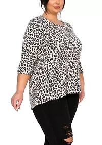 Animal Double Knit Textured Button Back 3Q Rolled Sleeve