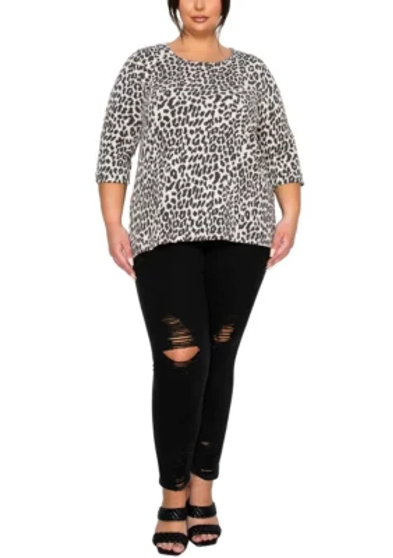 Animal Double Knit Textured Button Back 3Q Rolled Sleeve