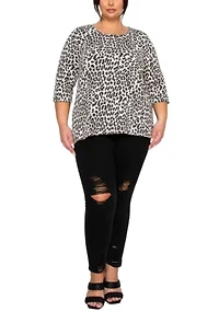 Animal Double Knit Textured Button Back 3Q Rolled Sleeve