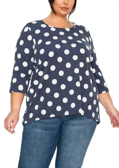 Polka Dot Double Knit Button Back 3Q Rolled Sleeve