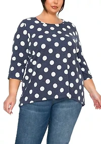 Polka Dot Double Knit Button Back 3Q Rolled Sleeve
