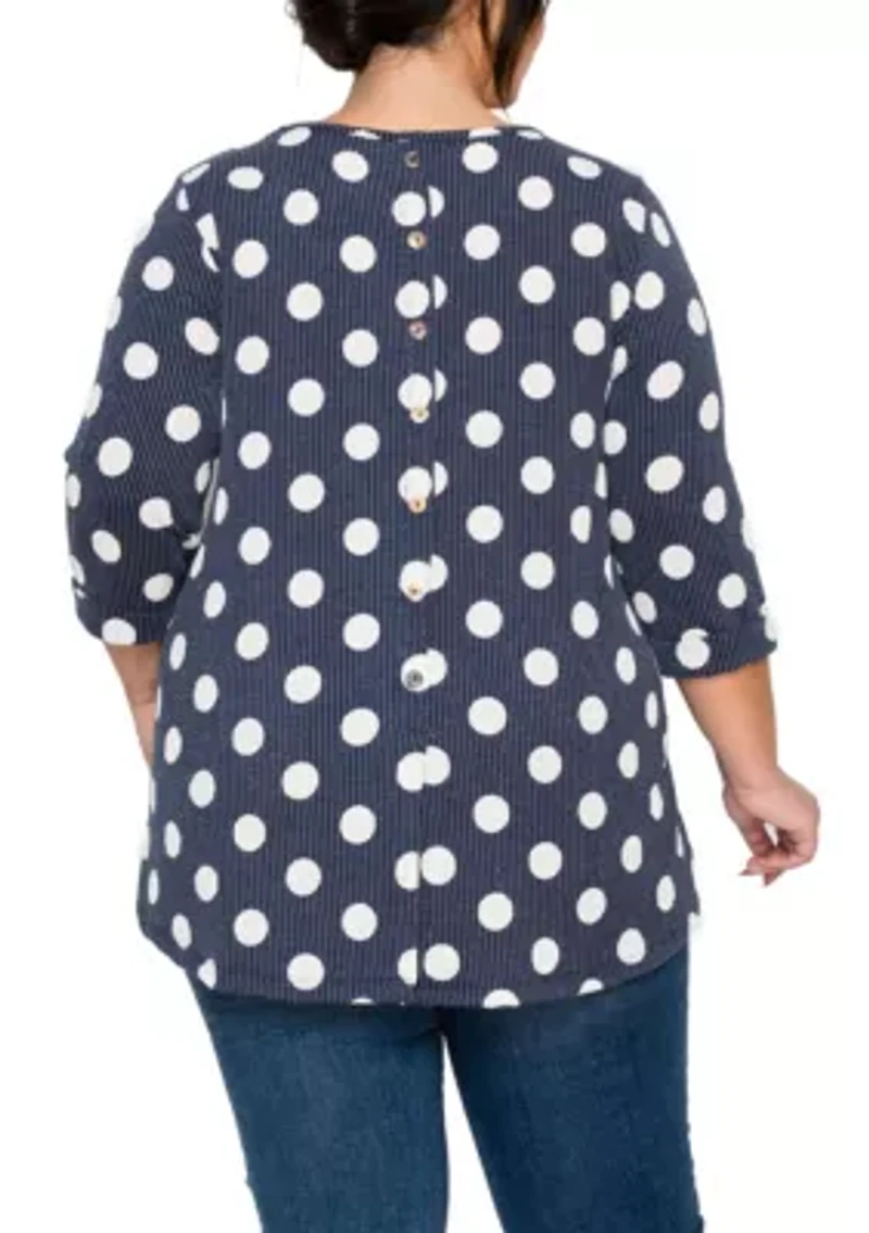 Polka Dot Double Knit Button Back 3Q Rolled Sleeve