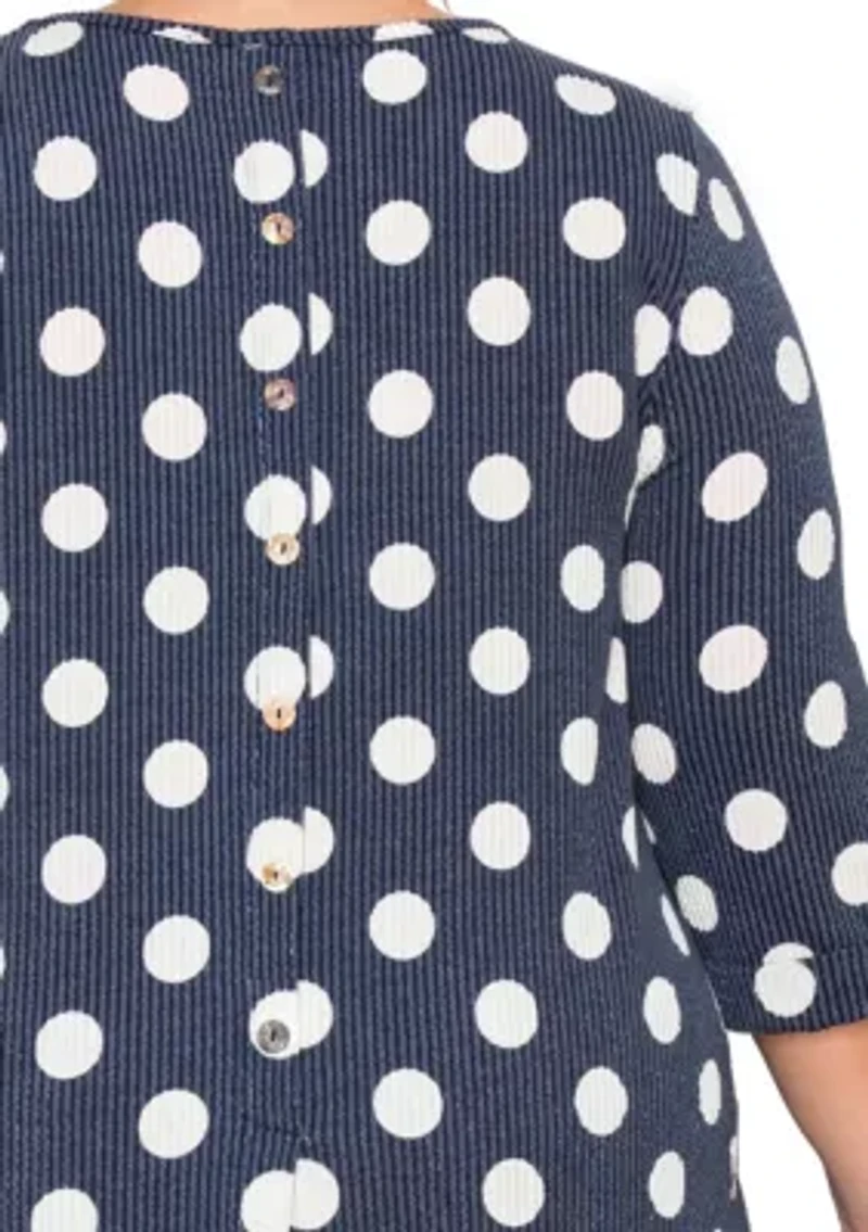 Polka Dot Double Knit Button Back 3Q Rolled Sleeve