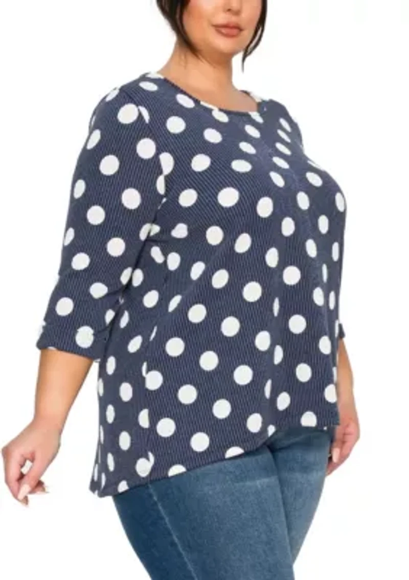 Polka Dot Double Knit Button Back 3Q Rolled Sleeve