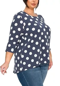 Polka Dot Double Knit Button Back 3Q Rolled Sleeve