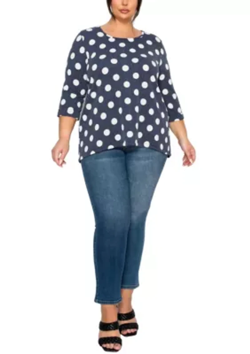Polka Dot Double Knit Button Back 3Q Rolled Sleeve