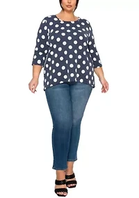 Polka Dot Double Knit Button Back 3Q Rolled Sleeve