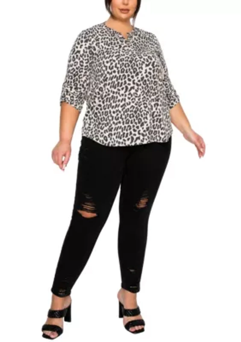 Animal Double Knit Textured 1 Button Henley 3Q Sleeve