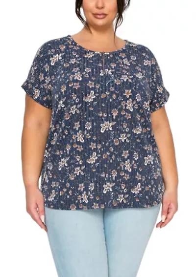 Boho Floral Rib Zip Front Dolman Tee