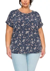 Boho Floral Rib Zip Front Dolman Tee