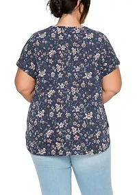Boho Floral Rib Zip Front Dolman Tee