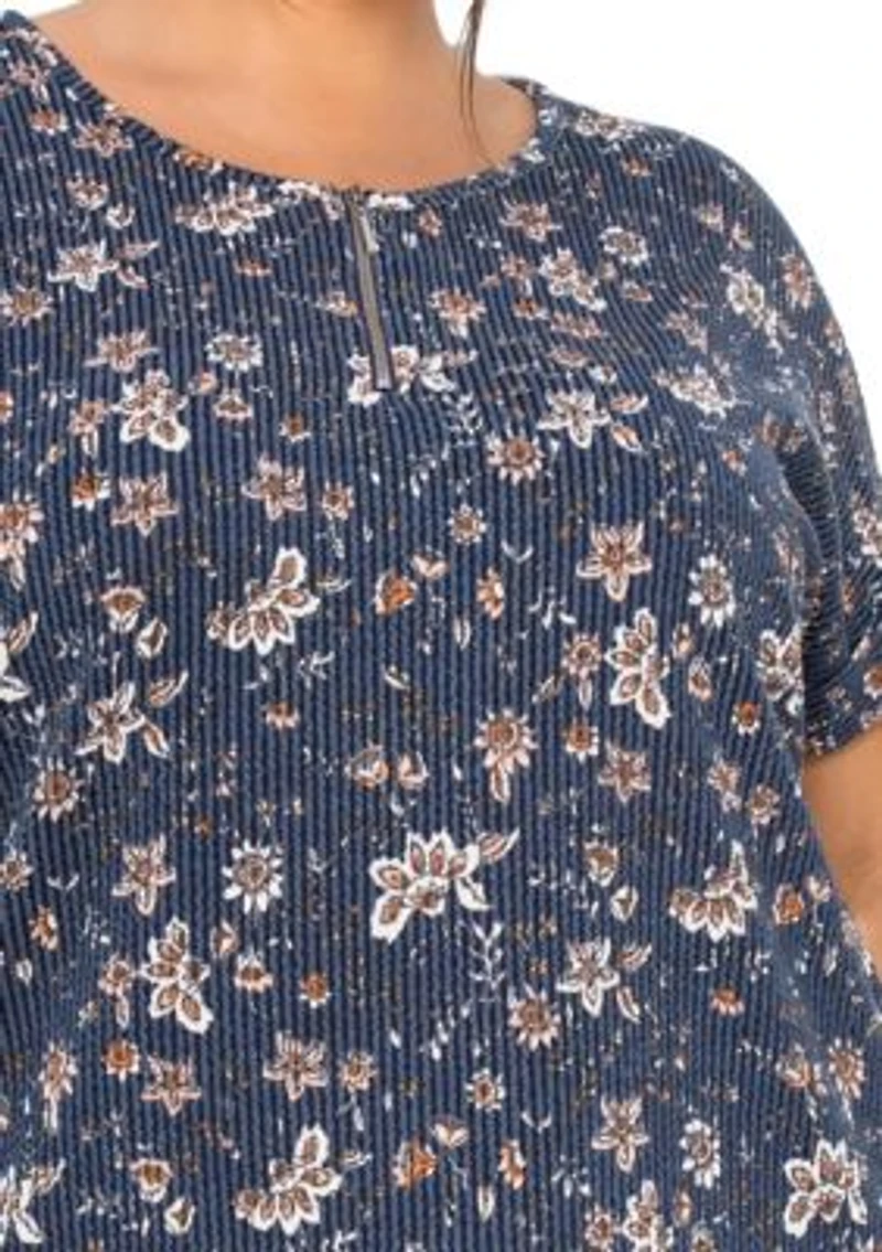 Boho Floral Rib Zip Front Dolman Tee