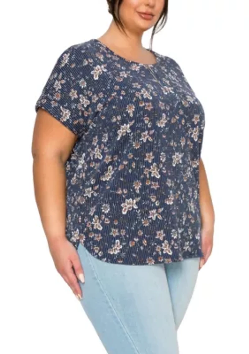 Boho Floral Rib Zip Front Dolman Tee