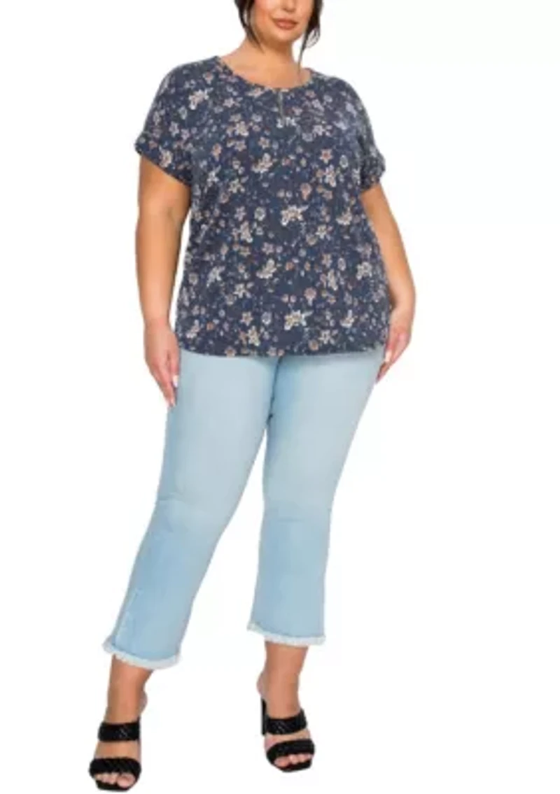 Boho Floral Rib Zip Front Dolman Tee