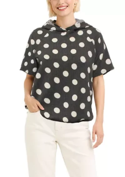 Polka Dot Double Knit Hoodie Short Sleeve Elastic Hem
