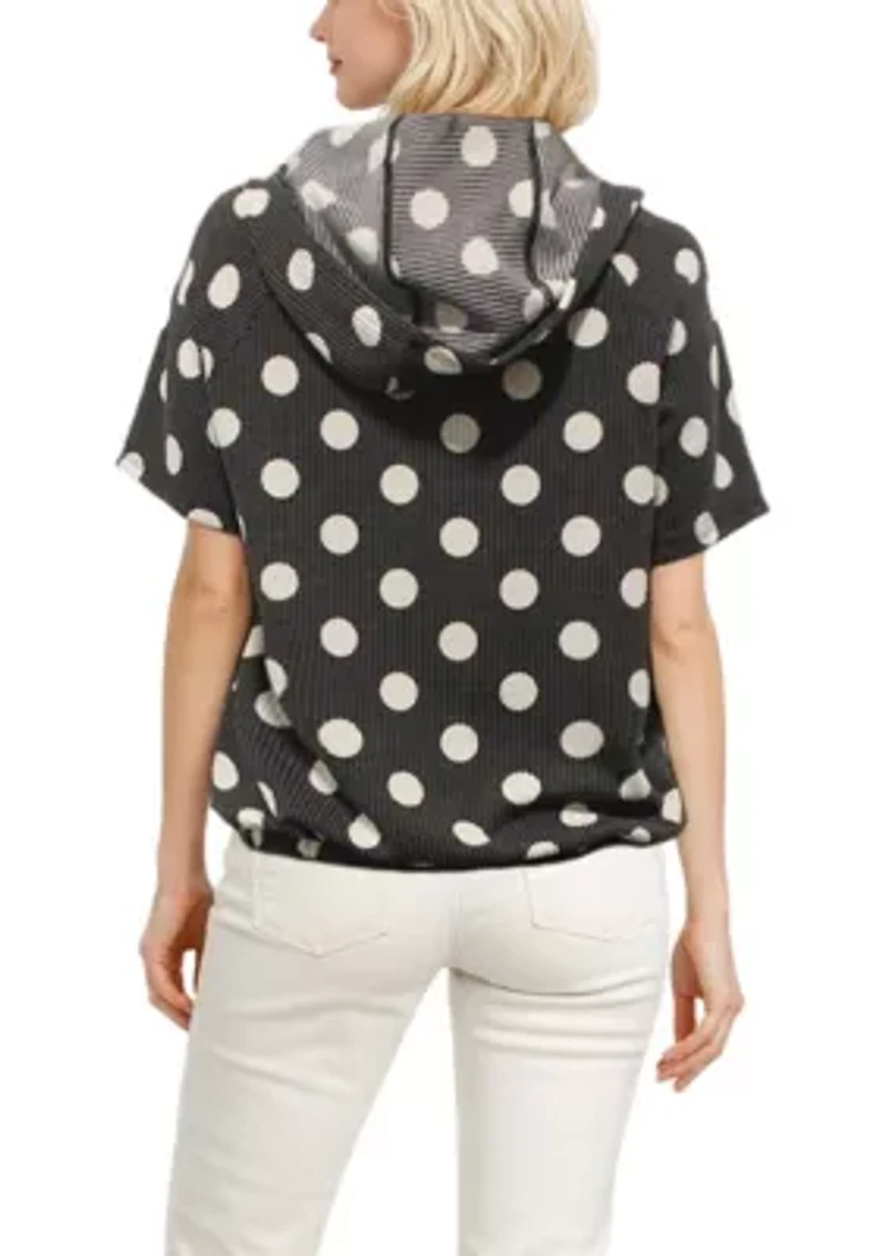 Polka Dot Double Knit Hoodie Short Sleeve Elastic Hem