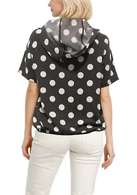 Polka Dot Double Knit Hoodie Short Sleeve Elastic Hem