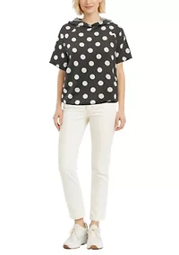 Polka Dot Double Knit Hoodie Short Sleeve Elastic Hem