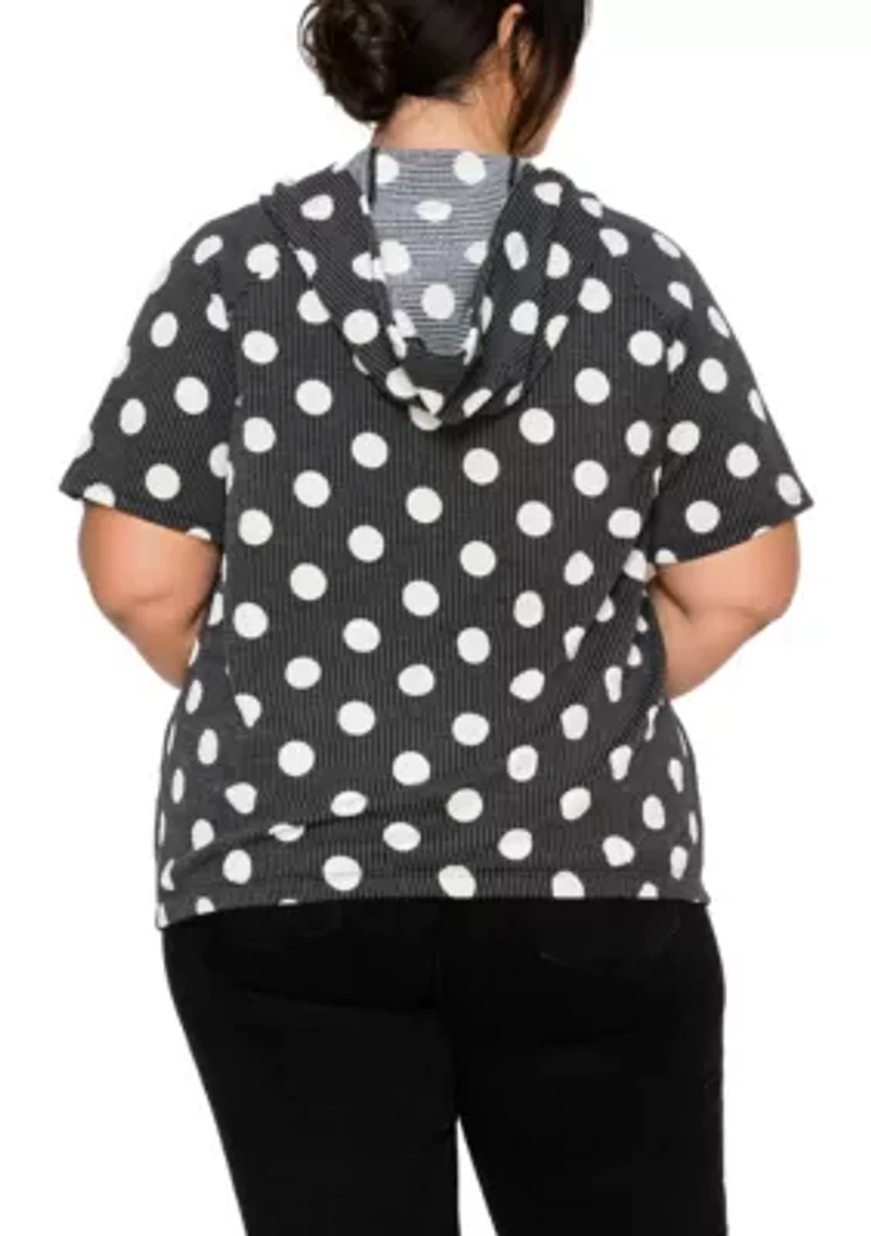Polka Dot Double Knit Hoodie Short Sleeve Elastic Hem