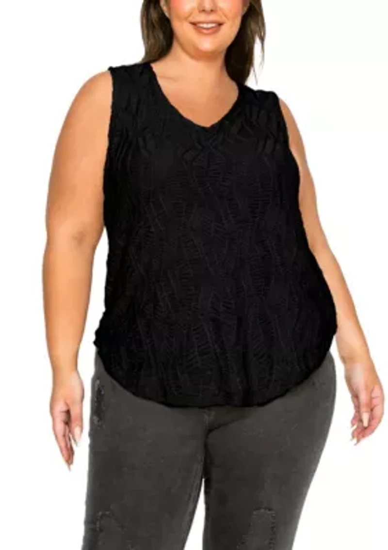 Spiral Wave Textured DBL V Neck Curved Hem Tank