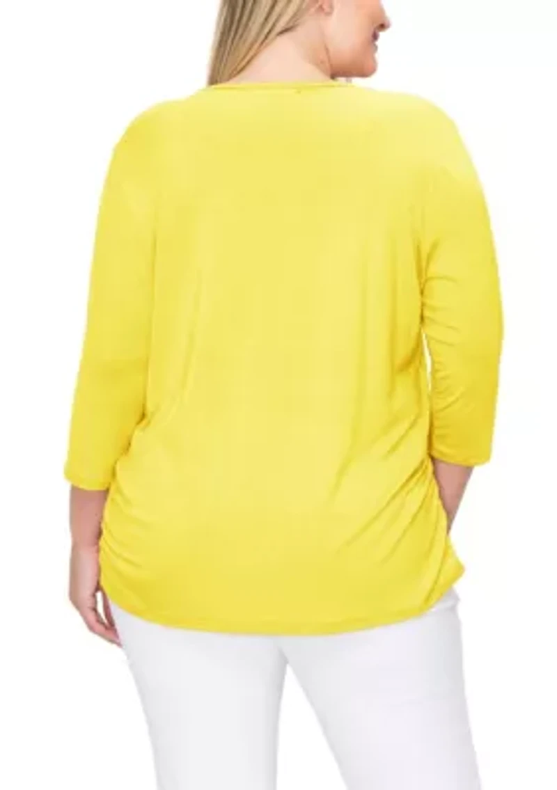 Rayon Span V Neck Side Ruched 3Q sleeve