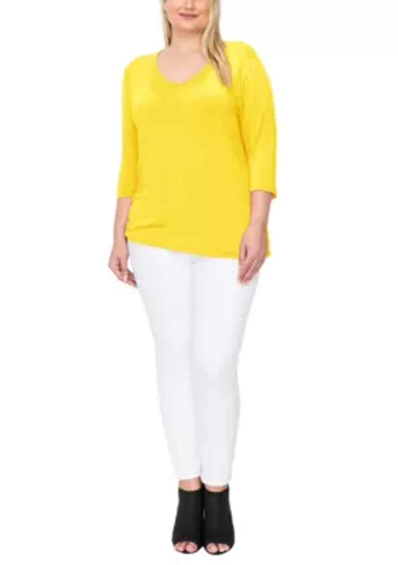 Rayon Span V Neck Side Ruched 3Q sleeve