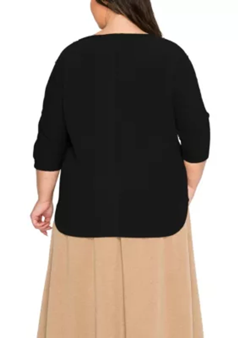 Textured Rib Button Shoulder 3Q Sleeve