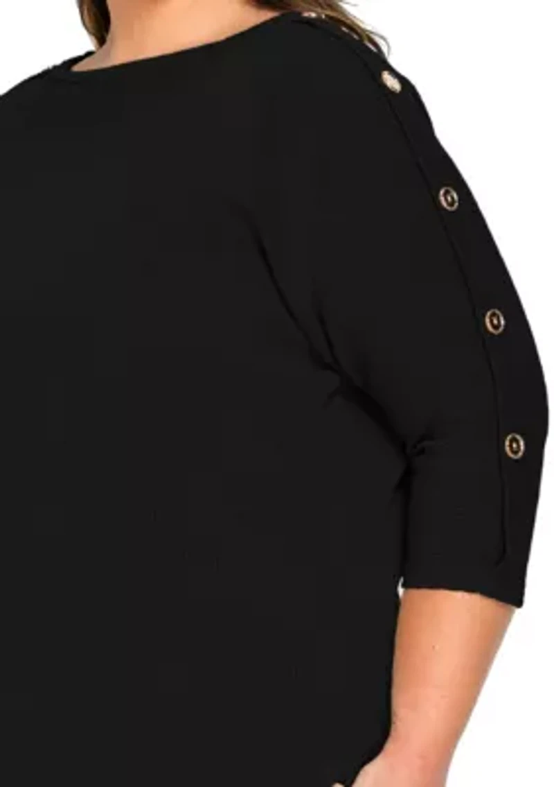 Textured Rib Button Shoulder 3Q Sleeve