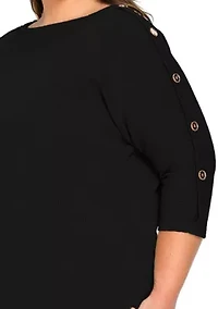 Textured Rib Button Shoulder 3Q Sleeve