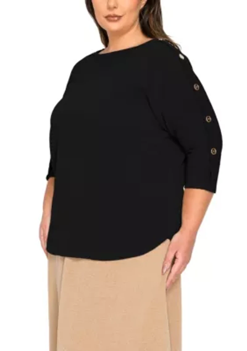 Textured Rib Button Shoulder 3Q Sleeve